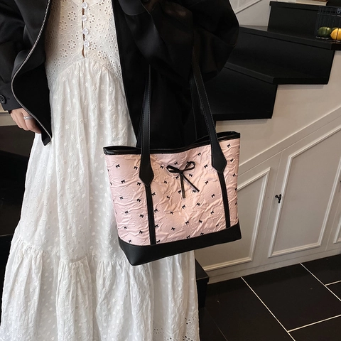 Borsa Tote in Nylon Rosa di Grande Capacità per Donna Dolce Fiocco Cuore Stampa Borsa a Spalla Urban Semplice Pendolare Shopping