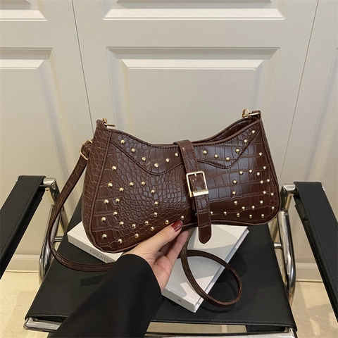 Damen Retro Krokodilmuster PU Leder Achseltasche Mode Nieten Dekor Schulter Umhängetasche Mit Gürtelschnalle