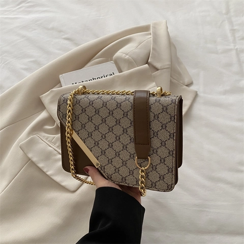 Sac à Épaule Carré à Chaîne Imprimé Vintage pour Femmes Sac à Main Bandoulière en Cuir PU Minimaliste Quotidien Élégant