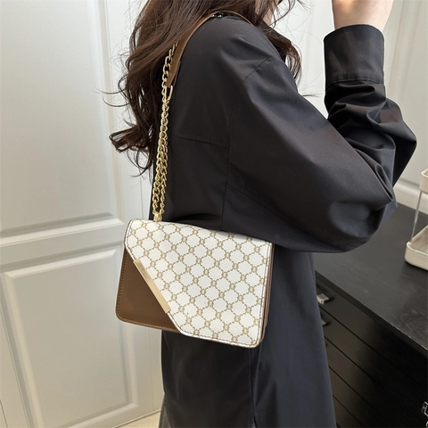 Sac à Épaule Carré à Chaîne Imprimé Vintage pour Femmes Sac à Main Bandoulière en Cuir PU Minimaliste Quotidien Élégant