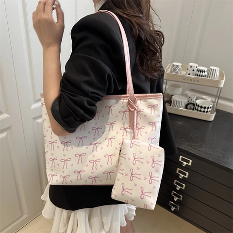 Bolso Tote Y Neceser De Cuero PU Para Mujer Estampado Lazo Rosa Y Corazón Gran Capacidad Bolso De Hombro Diario Estilo Dulce