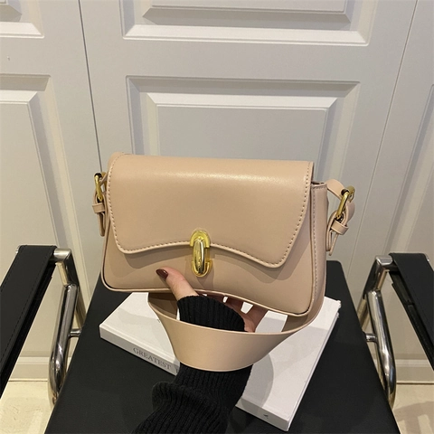 Women's Minimalist PU Leather Underarm Bag Fashion Stylish Solid Color Shoulder Bag With Metal Lock Wide Strap For Ladies Commute