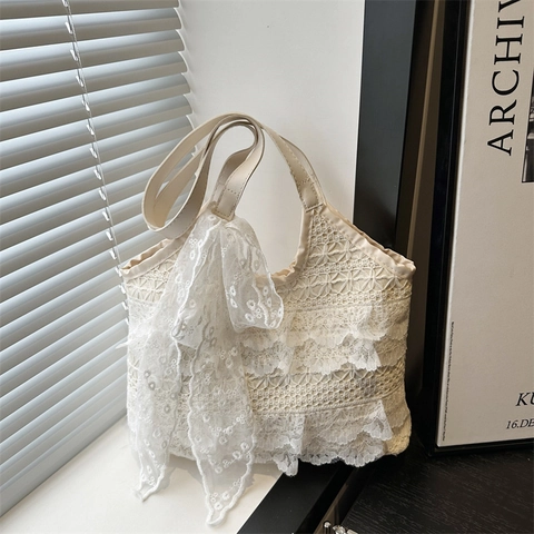 Damen Französischer Stil Stroh Spitze Tote Bag Große Kapazität Durchbrochene Schleife Schultertasche Für Sommer Strand Urlaub Handtasche
