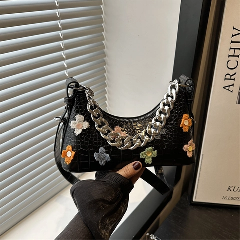 Trendige Damen Blumen Unterarmtasche Personalisiertes Krokodilmuster Große Kapazität Umhängetasche Mit Silberkette PU Leder Tasche