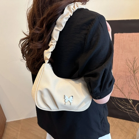 Mode Damen PU Leder Geraffte Schultertasche Schmetterling Schnalle Unterarmtasche Urban Minimalistisch Casual Shopper Tasche