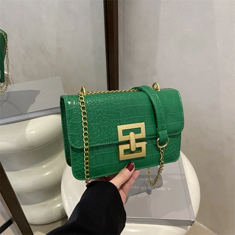 Retro Krokodilmuster PU Leder Kleine Quadratische Umhängetasche Für Damen Mode Goldkette Crossbody Tasche Mit Geometrischer Schließe