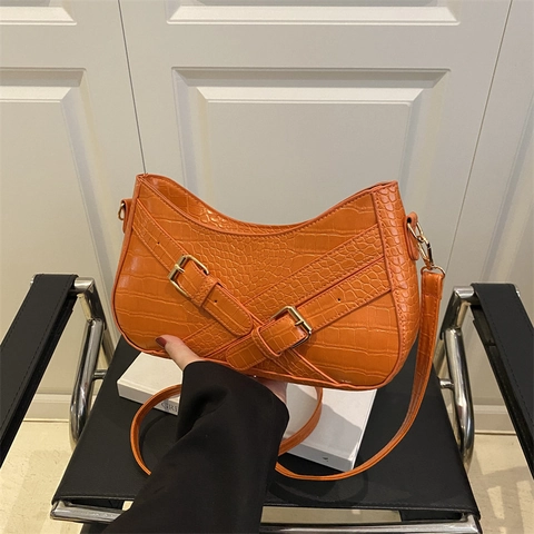 Damen Krokodilmuster PU Leder Unterarmtasche Minimalistisch Große Kapazität Umhängetasche Mit Goldener Metallschnalle Täglich Mode Handtasche