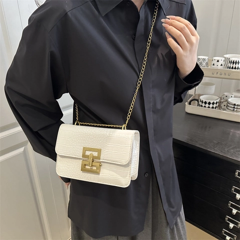 Retro Krokodilmuster PU Leder Kleine Quadratische Umhängetasche Für Damen Mode Goldkette Crossbody Tasche Mit Geometrischer Schließe