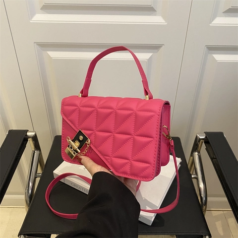 Bolso de Hombro Acolchado de Cuero PU Retro para Mujer Bolso Cuadrado Pequeño Con Hebilla de Metal Cadena Decorativa Moda