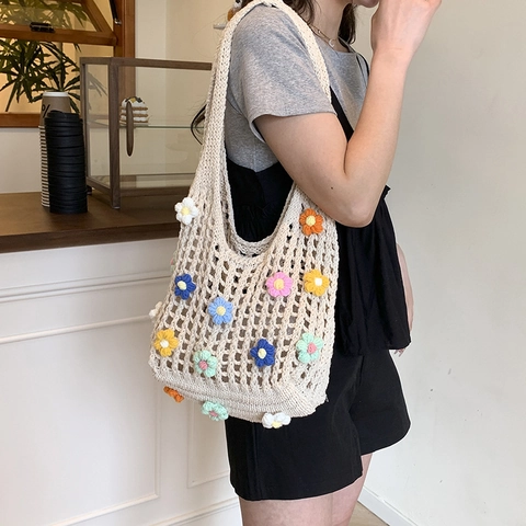 Borsa a Tracolla da Donna Intrecciata all'Uncinetto con Fiori Fatta a Mano Traforata Tote Estate Spiaggia Borsa Fresh Rural
