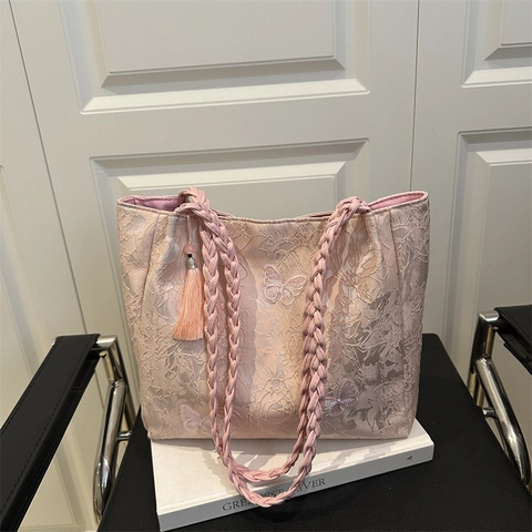 Borsa Tote da Donna a Grande Capacità Ricamata con Farfalle Manico Intrecciato Nappa Elegante Borsa a Tracolla Jacquard