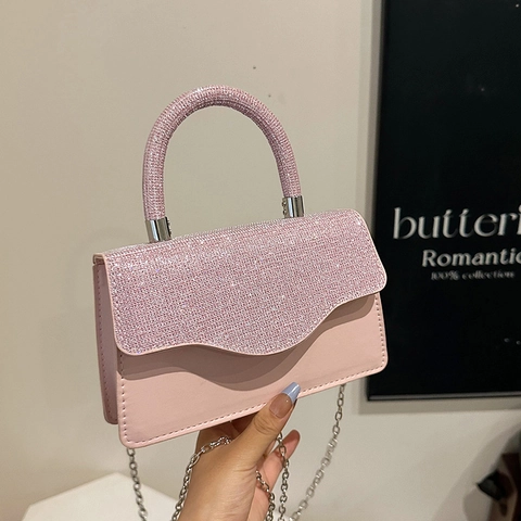Women Rhinestone Shoulder Bag PU Leather Glitter Handbag Elegant Crossbody Bag With Chain Strap Fashion Party Square Bag