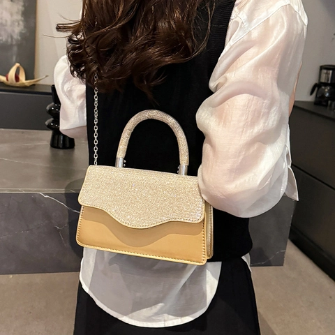 Women Rhinestone Shoulder Bag PU Leather Glitter Handbag Elegant Crossbody Bag With Chain Strap Fashion Party Square Bag
