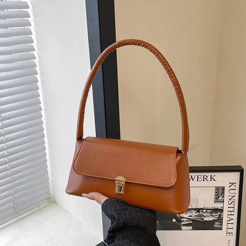 Borsa da Donna Retrò in Pelle PU Baguette Ascellare Semplice Borsa a Tracolla di Moda Con Chiusura a Scatto Grande Capacità