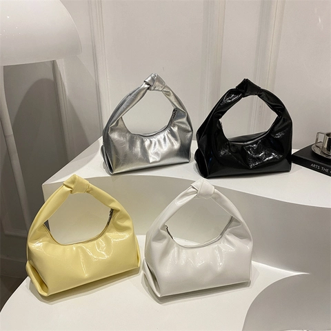 Damen Mode Glänzendes PU Leder Halbmond Schultertasche Knotengriff Plissee Minimalistische Lässige Handtasche 2025 Sommer Neu