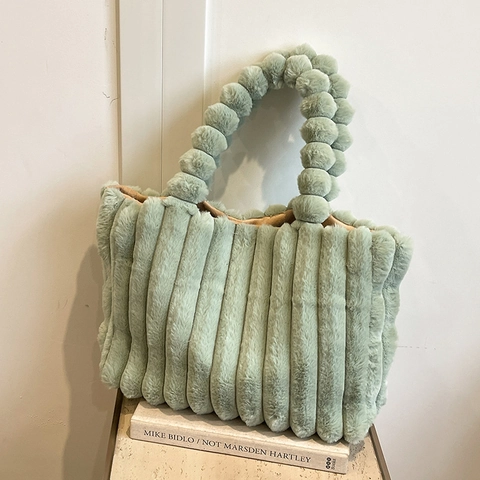 Borsa Tote in Peluche alla Moda da Donna Grande Capacità in Pelliccia Sintetica a Strisce Verticali con Manico a Pompon Inverno