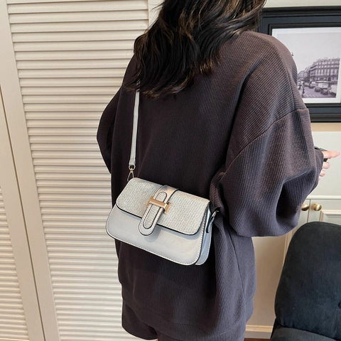 Borsa a Spalla da Donna Elegante in Pelle PU e Paillettes Patchwork Con Fibbia in Metallo H Grande Capacità Crossbody Giornaliera