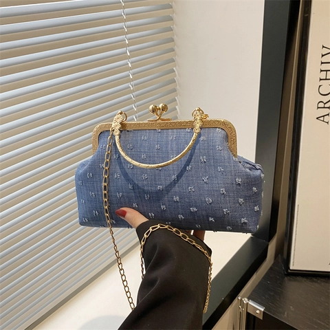 Vintage Canvas Polka Dot Shell Shoulder Bag Women Fashion Elegant Banquet Metal Handle Chain Crossbody Bag Frame Handbag