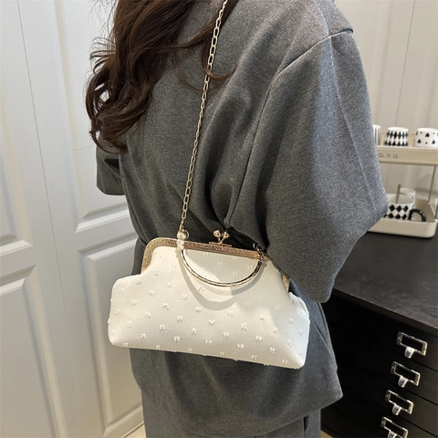 Vintage Canvas Polka Dot Shell Shoulder Bag Women Fashion Elegant Banquet Metal Handle Chain Crossbody Bag Frame Handbag