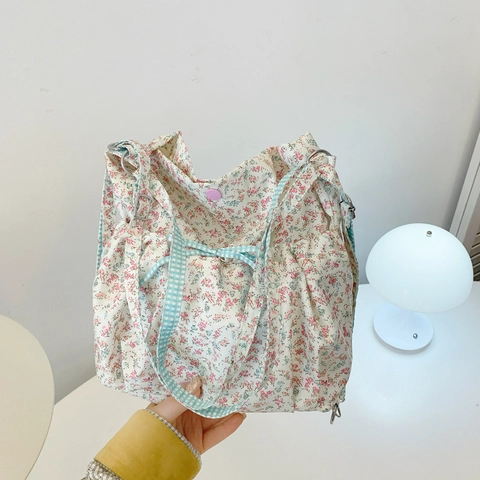 Women's Floral Canvas Backpack Japanese Rural Fresh Small Floral Shoulder Bag Printed Gingham Bow Lightweight Drawstring Tote Bag