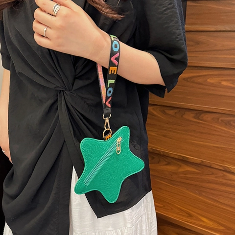 Fashionable Star Shaped PU Leather Coin Purse For Women Mini Bag With Love Letter Webbing Strap Zipper Small Pouch Accessory