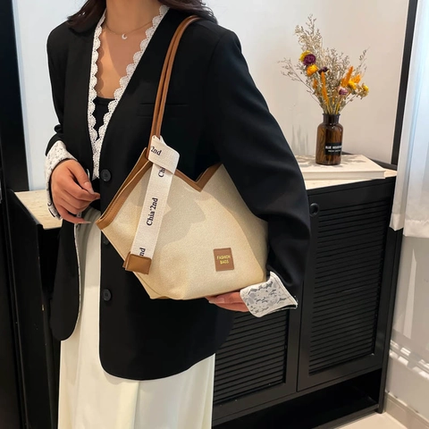 Fashion Large Capacity Women Tote Bag PU Leather Patchwork Shoulder Bag With Letter Ribbon V-shaped Opening Urban Handbag