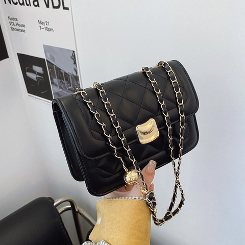 Borsa a Tracolla Trapuntata a Rombi da Donna in Pelle PU Piccola Borsa Quadrata a Tracolla con Catena Oro Moda