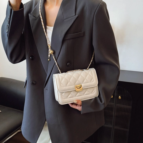 Borsa a Tracolla Trapuntata a Rombi da Donna in Pelle PU Piccola Borsa Quadrata a Tracolla con Catena Oro Moda