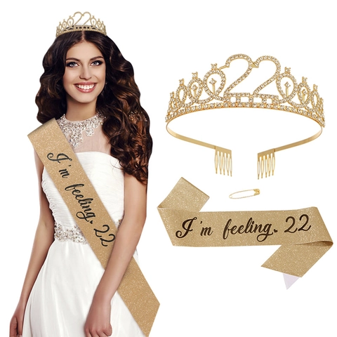 Set Corona di Strass Oro e Fascia Compleanno I Am Feeling 22 per Donna Decorazioni Festa 22 Compleanno Accessori Diadema in Lega