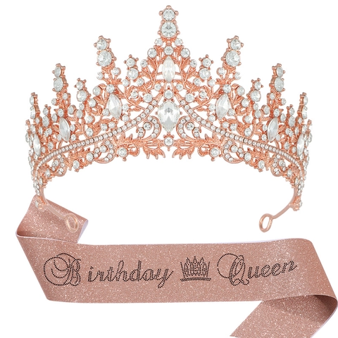 Lussuosa Corona Birthday Queen in Lega di Zinco con Strass e Fascia in Tessuto Glitterato Satin per Festa Compleanno