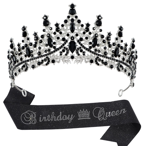 Birthday Queen Crystal Crown And Glitter Sash Set Alloy Rhinestone Tiara Sash For Women Birthday Party Decorations Jewelry