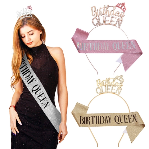 Fascia Birthday Queen in Lega con Strass e Fascia Glitterata per Donna Ragazza Accessori per la Decorazione della Festa di Compleanno