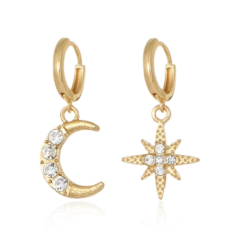 Pendientes de Aro Colgantes Asimétricos Bohemios con Estrella y Luna Bañados en Oro con Strass Joyería Elegante Regalo