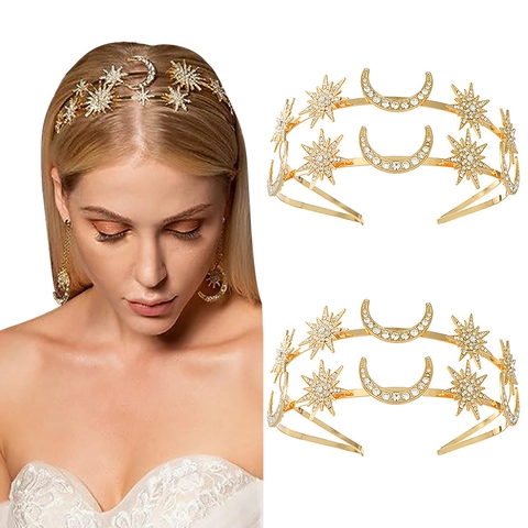 Diadema bohemia de doble capa con estrella y luna para mujer Tiara de aleación con diamantes de imitación para fiesta