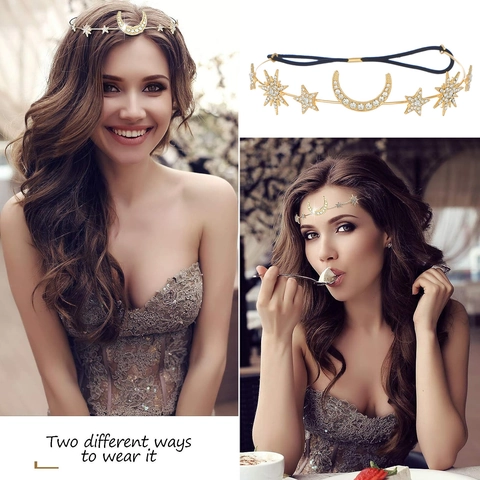 Diadema Barroca Luna Estrella Hexagrama Aleación Diamantes Imitación Oro Cadena Cabeza Mujer Estilo Bohemio Accesorios Pelo Boda