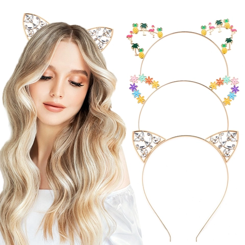 Süße Zinklegierung Katzenohren Stirnband Mit Strass Blume Ananas Emaille Gold Galvanisiert Festliche Party Haarschmuck