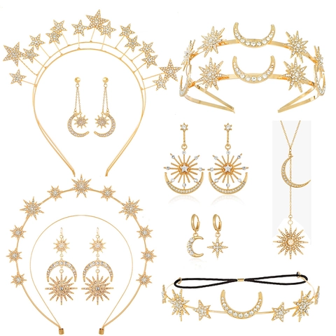 Ensemble de Bijoux Bohème en Alliage Doré avec Strass Soleil Lune Étoile Serre-Tête Couronne Boucles d'Oreilles pour Femme Mariage
