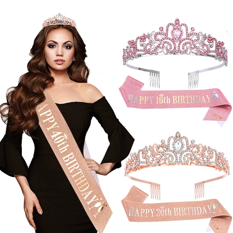Set Corona Tiara in Lega di Strass e Fascia in Tessuto Glitterato per Accessori da Festa di Compleanno per Donna