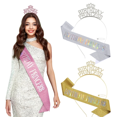 Set Corona Tiara Compleanno Principessa E Fascia Glitter Per Donne Ragazze Decorazioni Festa Di Compleanno Cerchietto Lega Strass