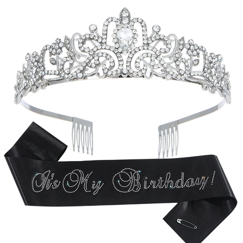 Lussuosa Corona in Lega di Strass E Fascia Birthday Girl Stampata Accessorio per Festa di Compleanno Donna Tiara Copricapo