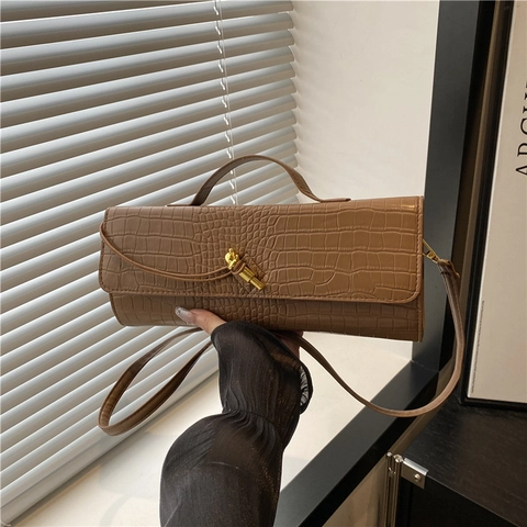 Sac à Épaule en Cuir PU pour Femme Motif Crocodile Élégant Sac à Main Baguette avec Serrure à Nœud Doré Sac à Bandoulière Carré Horizontal