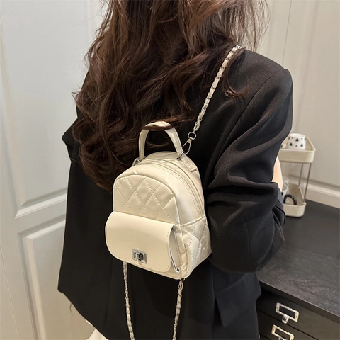 Quilted PU Leather Mini Backpack For Women Fashion Solid Color Small Shoulder Bag With Chain Strap Daily Casual Handbag