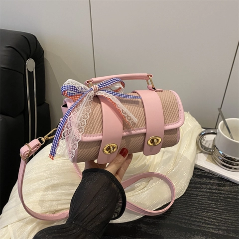 Borsa a Tracolla a Cilindro da Donna in Pelle PU Retro con Texture Intrecciata Borsa a Mano con Fiocco di Nastro e Fibbia in Metallo Moda Quotidiana
