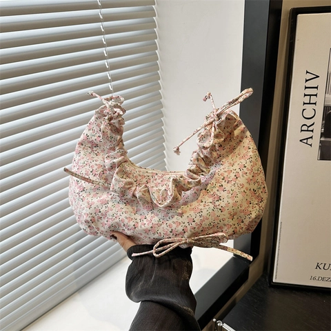 Bolso de Hombro de Lona Floral para Mujer Correa Fruncida con Lazo Bolso Hobo de Gran Capacidad Bolso Casual para el Sobaco