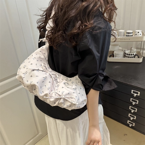 Bolso de Hombro de Lona Floral para Mujer Correa Fruncida con Lazo Bolso Hobo de Gran Capacidad Bolso Casual para el Sobaco