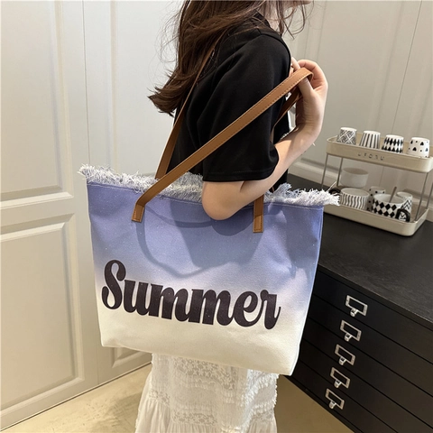 Damen Segeltuch Tote Bag Farbverlauf Ombre Sommer Buchstaben Druck Fransenkante Schulter Handtasche Für Urlaub Strand