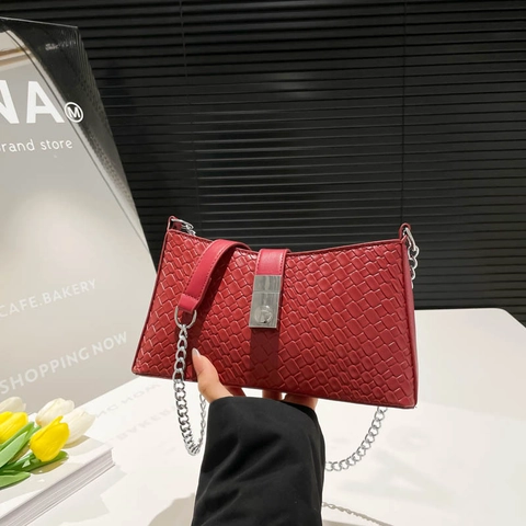 Mode Webstruktur PU Leder Schultertasche Für Damen Große Kapazität Metallkette Verschluss Achseltasche Umhängetasche