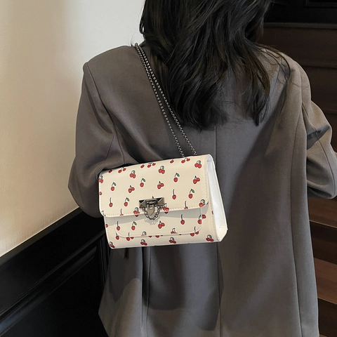 Cherry Print PU Leather Chain Shoulder Bag For Women Vintage Square Crossbody Bag With Lock Trendy Fashion Small Handbag
