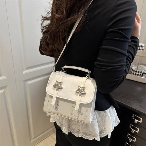 Bolso Cuadrado Pequeño de Cuero PU Vintage para Mujer Decoración de Estrellas Bolso de Mano Cruzado Elegante Color Sólido Diario