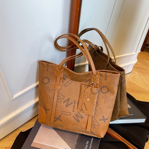 Large Capacity Fashion Retro Letter Monogram 3-Piece Tote Shoulder Bag For Women Summer Daily Travel PU Leather Handbag
